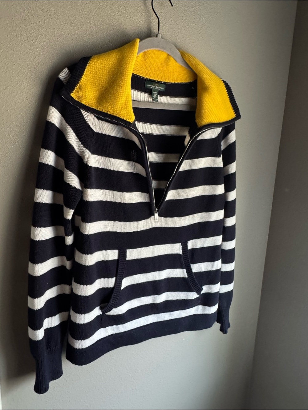 Lauren Ralph Lauren Navy and White w/Yellow Color 1/2 Zip Sweater, Size M.